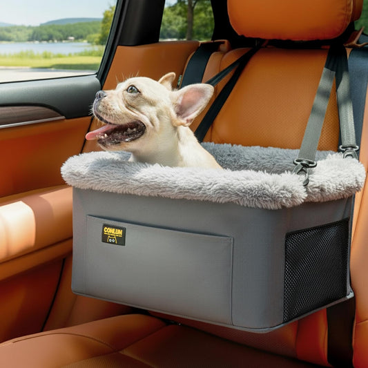 Amazon cozy pet car booster seat with plush interior and safety straps for small dogs and cats, providing comfort during car rides.