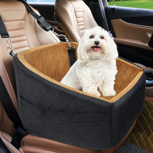 Cozy dog car seat by Amazon with padded interior and adjustable straps, designed for comfortable pet travel.