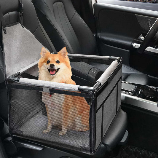Cozy Dog Car Booster Seat by Amazon showing padded blue fabric with safety straps and adjustable height for small dogs.